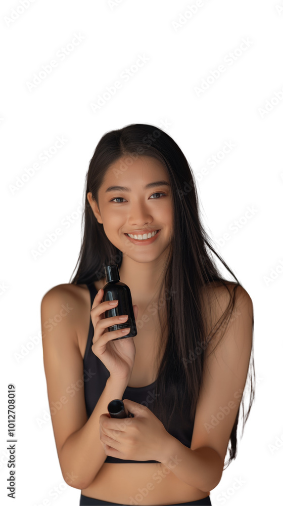 Asian young woman with black straight long hair and beautiful nail holding natural shampoo bottle, smiling with beautiful teeth and looking camera, model advertising for product isolated on white Asian young woman with black straight long hair and beautiful nail holding natural shampoo bottle, smiling with beautiful teeth and looking camera, model advertising for product isolated on white
