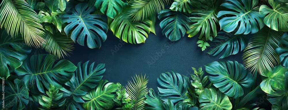 Fototapeta premium Tropical Leaves of Monstera, Palm, and Acacia Plants Against a Black Background – Ideal for Wallpaper or Wall Art Decoration