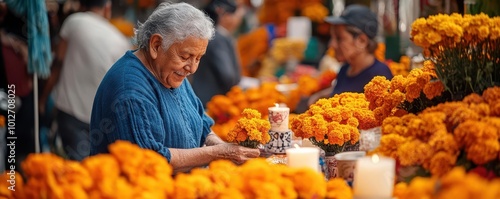 A joyful elderly woman arranging vibrant marigold flowers at a festive market, capturing the essence of community and celebration.