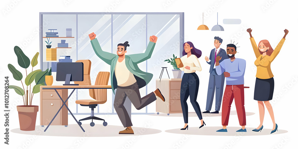 Flat Vector Illustration of Impromptu Office Celebration: Tracking Shot Captures Exciting News & Genuine Employee Reactions in a Smart Business Environment Flat Vector Illustration of Impromptu Office Celebration: Tracking Shot Captures Exciting News & Genuine Employee Reactions in a Smart Business Environment