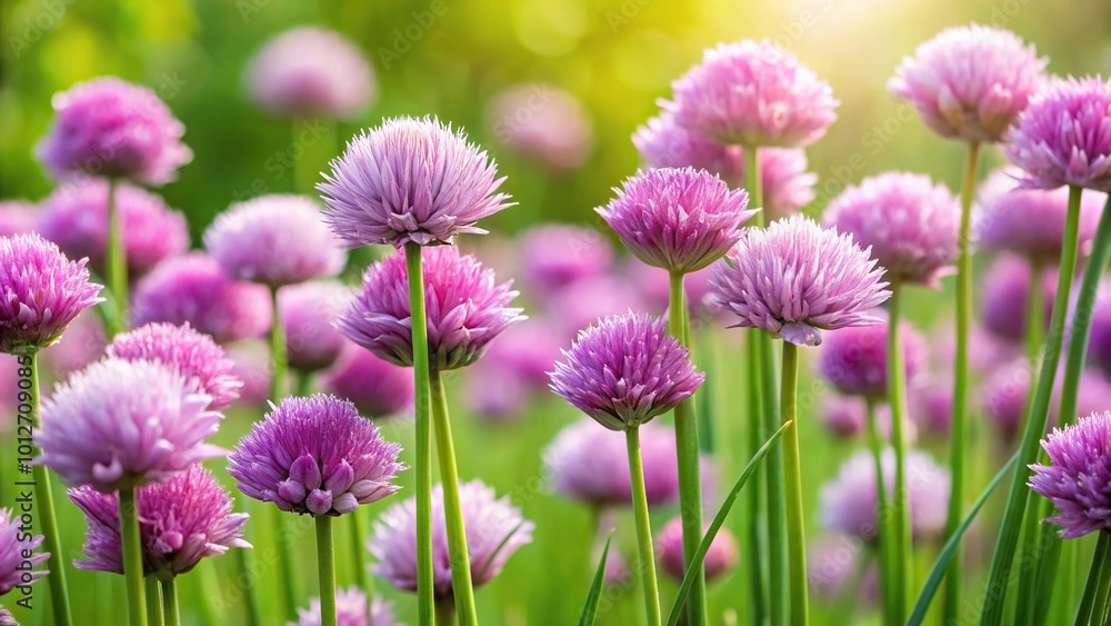 Forced perspective plants with blooming flowers of Chives Allium schoenoprasum Forced perspective plants with blooming flowers of Chives Allium schoenoprasum