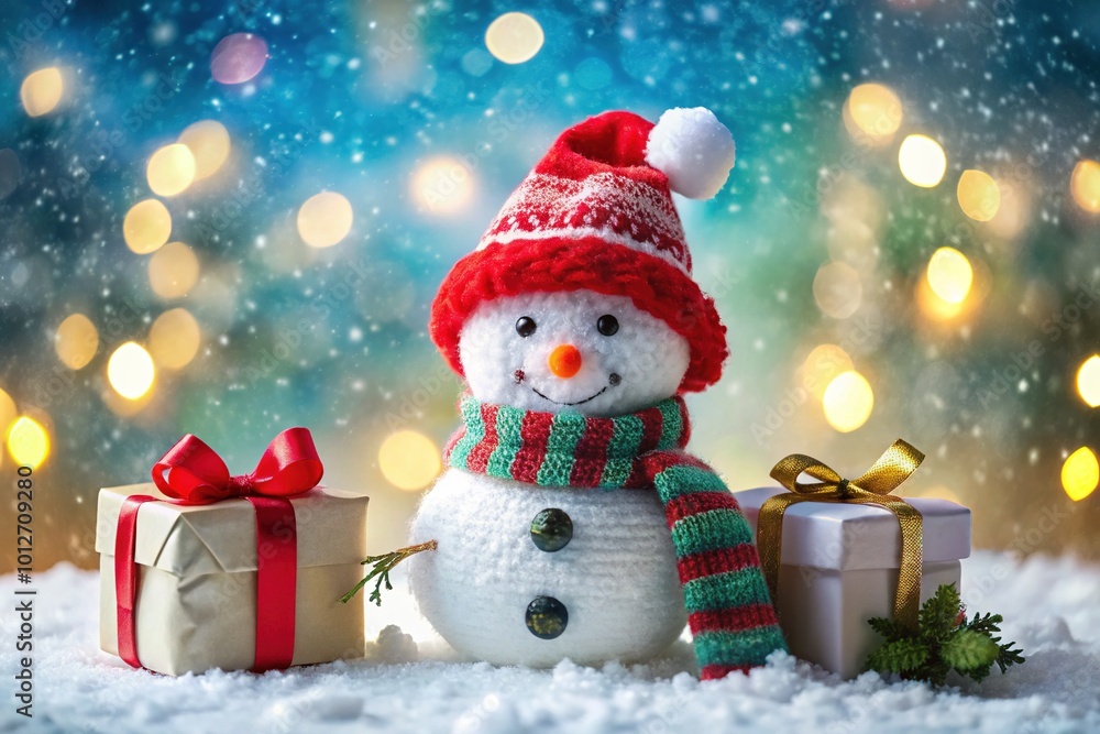 Fototapeta premium A delightful snowman dons a Santa hat and scarf next to colorful gift boxes, set against a snowy bokeh backdrop, ideal for cheerful holiday celebrations.
