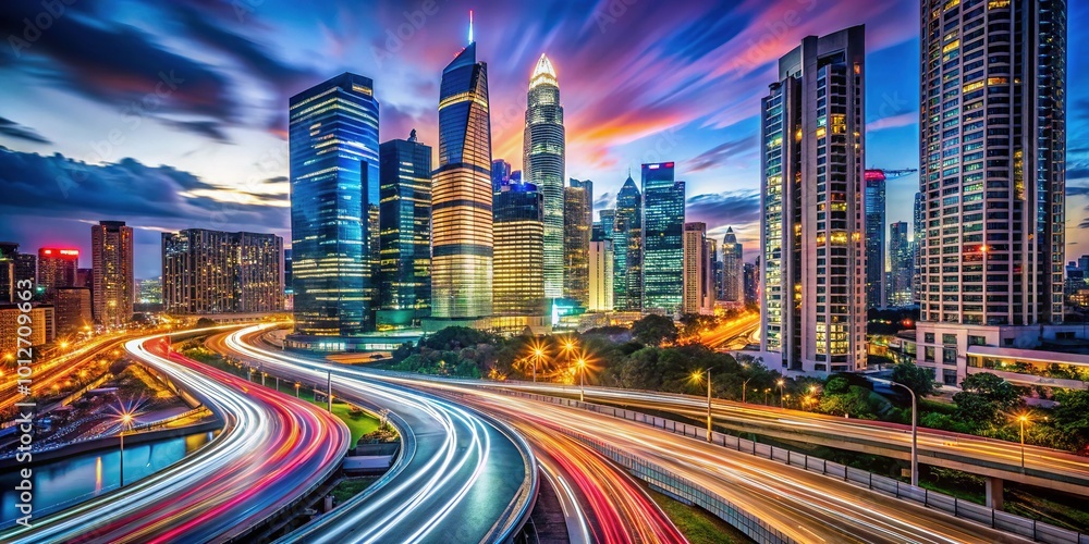 Fototapeta premium A lively city skyline at night, bursting with dynamic light trails and modern architecture, captures the vibrant energy and excitement of urban life.