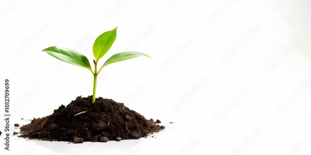 Flat Glossy Seedling with Copy Space concept as A glossy seedling emerges from the soil on a plain white background leaving ample copy space above. The camera captures a close up shot symbolizing grow Flat Glossy Seedling with Copy Space concept as A glossy seedling emerges from the soil on a plain white background leaving ample copy space above. The camera captures a close up shot symbolizing grow