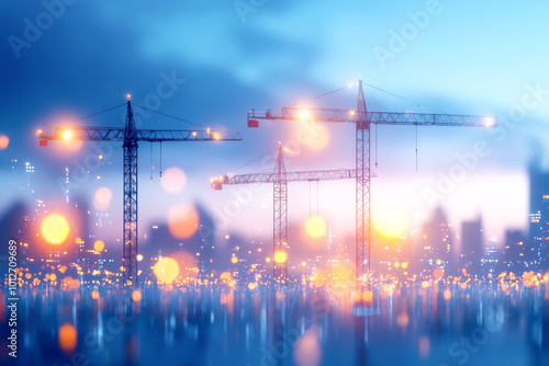 A vibrant urban skyline at dusk features construction cranes silhouetted against a colorful bokeh background, symbolizing progress.