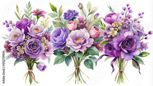 Fototapeta Naklejka Na Ścianę i Meble -  Forced perspective purple watercolor flowers bouquets isolated on white background