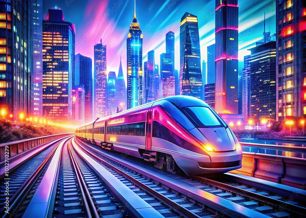A sleek, illuminated high-speed train glides through a bustling sci-fi city, vibrant neon lights reflecting off towering skyscrapers in an exhilarating urban landscape. A sleek, illuminated high-speed train glides through a bustling sci-fi city, vibrant neon lights reflecting off towering skyscrapers in an exhilarating urban landscape.
