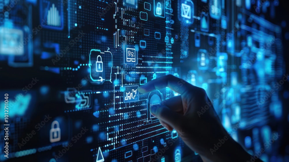 Fototapeta premium Cybersecurity and Data Protection, Hand Interacting with Digital Interface