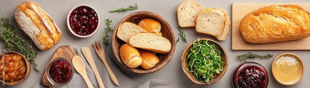 Assorted breads and spreads on a table with greens and jam. Assorted breads and spreads on a table with greens and jam.