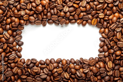 Forced perspective roasted coffee beans border with copy space on white background