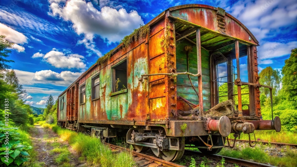 An abandoned freight train carriage, a rusty relic, epitomizes decay and nature's reclamation, showcasing vibrant overgrowth that intertwines with the remnants of its storied past. An abandoned freight train carriage, a rusty relic, epitomizes decay and nature's reclamation, showcasing vibrant overgrowth that intertwines with the remnants of its storied past.