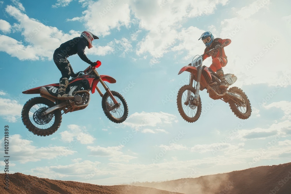 Men on motorbikes jumping in the sky for extreme sports practice and training professional dirt biking challenge in mockup Men on motorbikes jumping in the sky for extreme sports practice and training professional dirt biking challenge in mockup