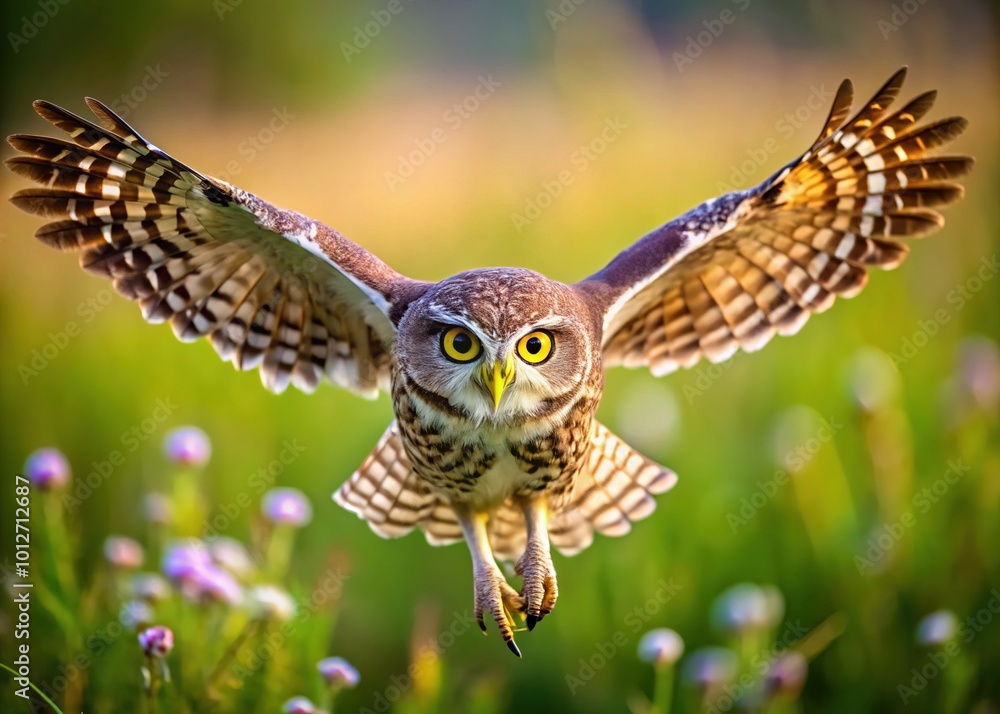 Obraz premium Burrowing Owl in Flight - Stunning Capture of Athene cunicularia Soaring Towards You in Natural Habitat
