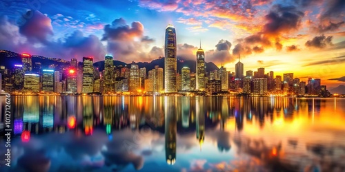 Breathtaking Hong Kong skyline at sunset, showcasing a vibrant cityscape with dazzling lights reflecting on the water, creating unforgettable travel memories.