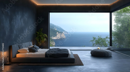 Bedroom Interior Design with Ocean View 3D Render