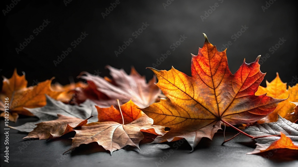Forced perspective shot of autumn fallen leaves against a black background in black and white Forced perspective shot of autumn fallen leaves against a black background in black and white