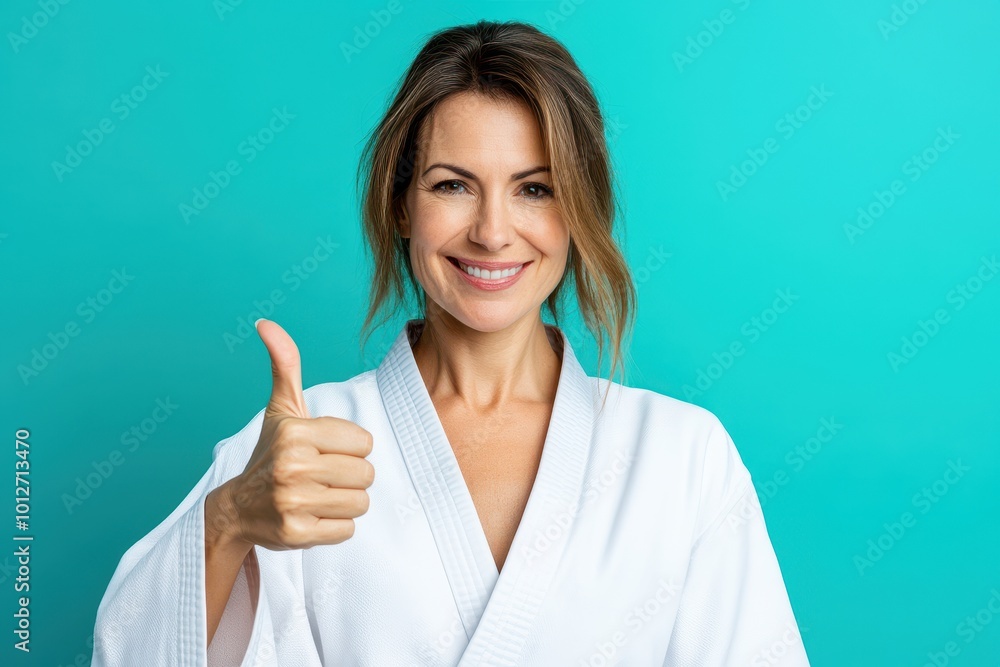 Mid aged woman in karate uniform giving thumbs up looking triumphant Mid aged woman in karate uniform giving thumbs up looking triumphant