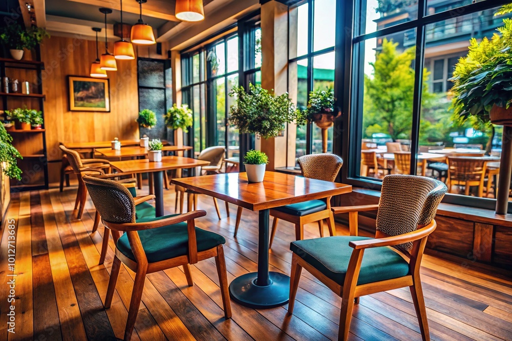 Naklejka premium Cozy Empty Wood Table and Chairs in Modern Coffee Shop Interior Ideal for Relaxing or Working in a Cafe Environment