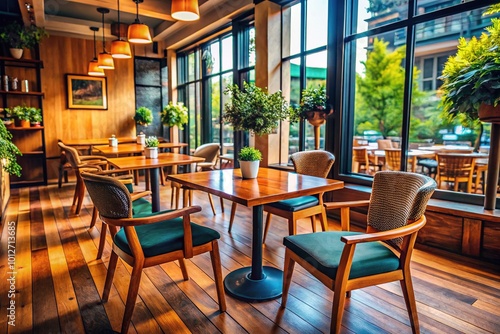 Cozy Empty Wood Table and Chairs in Modern Coffee Shop Interior Ideal for Relaxing or Working in a Cafe Environment