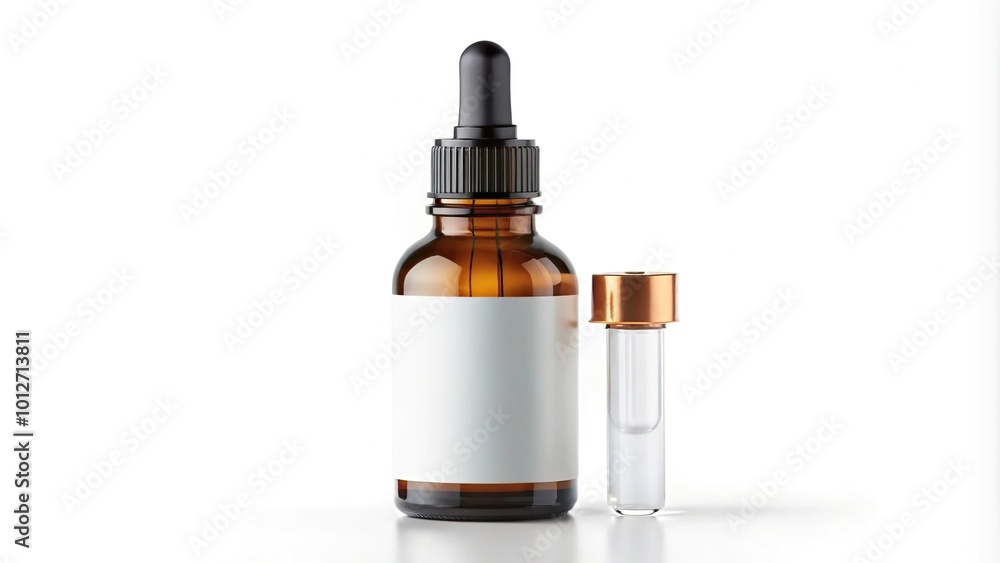 Forced perspective small dropper bottle with pipette and blank white label on white background Forced perspective small dropper bottle with pipette and blank white label on white background