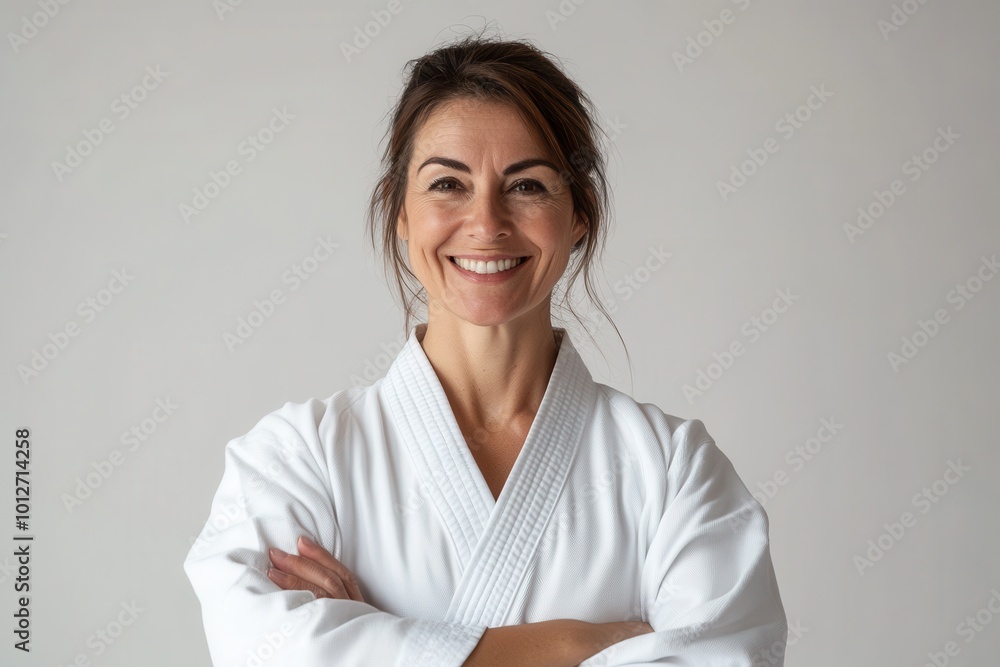 Middle aged woman in karate uniform smiling with arms crossed looking at the camera Positive demeanor Middle aged woman in karate uniform smiling with arms crossed looking at the camera Positive demeanor
