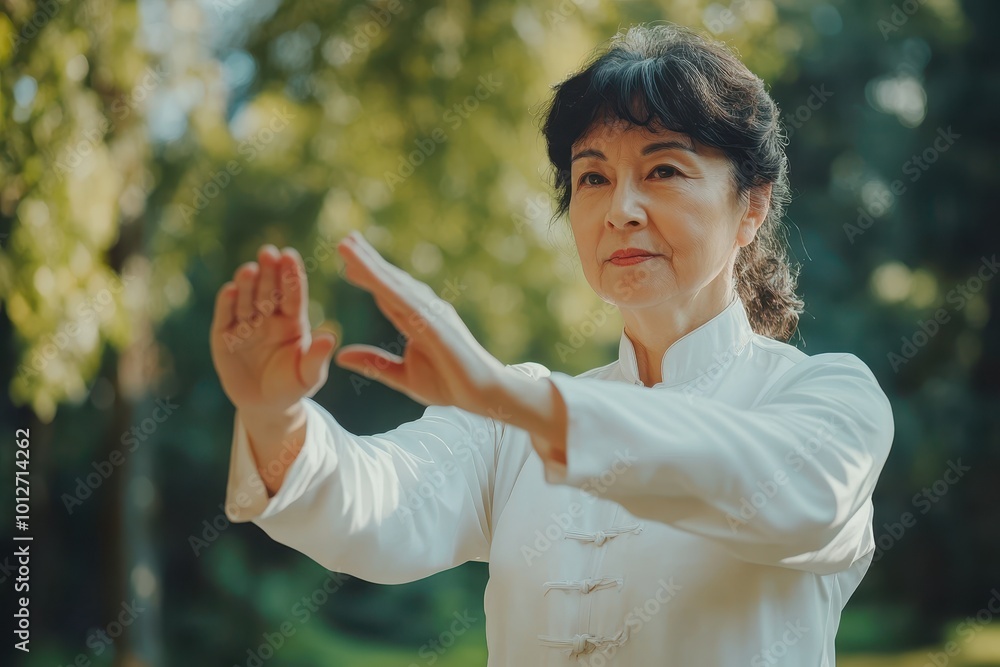 Middle aged woman practicing Tai Chi Chuan in park close up on hands Middle aged woman practicing Tai Chi Chuan in park close up on hands