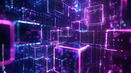 Blue and pink neon lights highlight the edges of cube