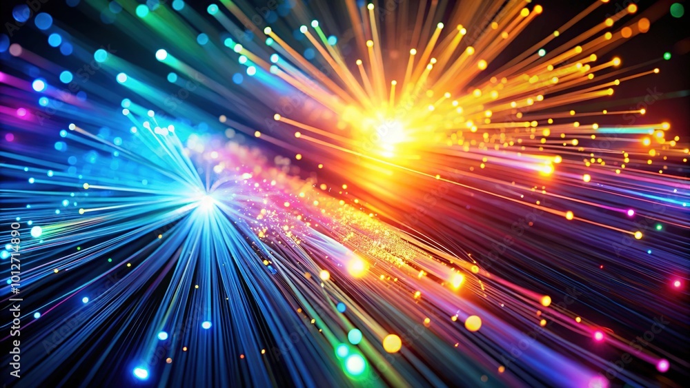 Obraz premium Fiber optic rays transmit digital data through glowing particles, facilitating swift information flow and enhancing connectivity in modern communication systems for efficient data transfer.