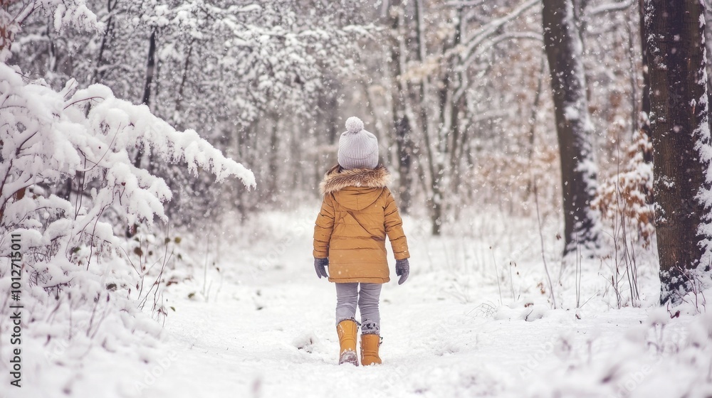 Child Walking in Snowy Forest Child Walking in Snowy Forest