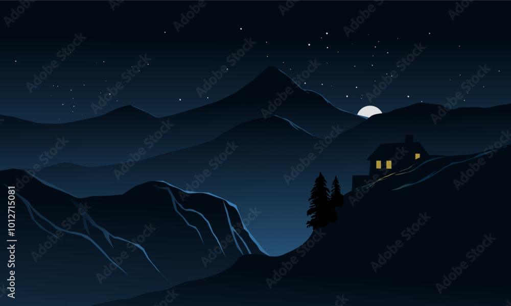 Obraz premium Beautiful calm night over mountains with a cabin on the hill, rising moon and stars