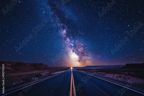 Milky Way galaxy visible above straight Utah highway in Skull Valley photo