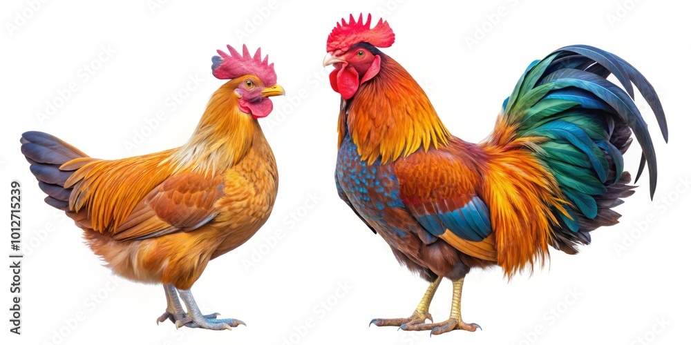 Fototapeta premium Vibrant rooster and rustic brown hen isolated against a white backdrop, suitable for farm-themed projects and animal