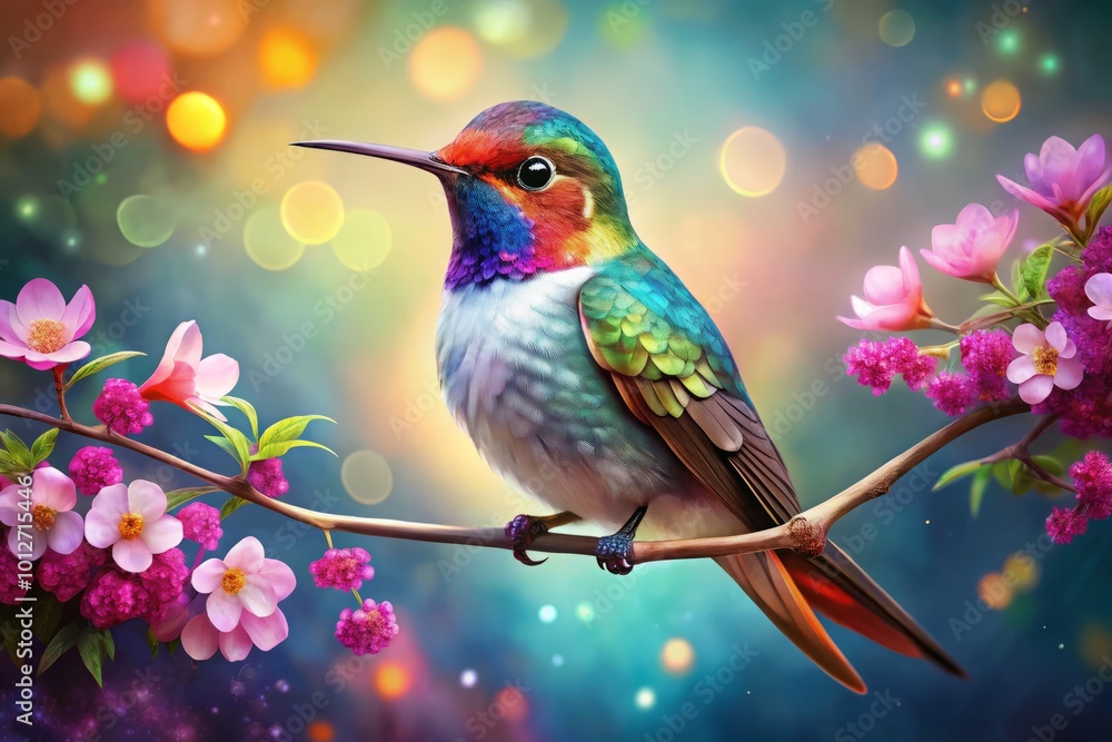 Fototapeta premium Vibrant watercolor hummingbird perched on a branch adorned with flowers, creating a stunning artistic design that