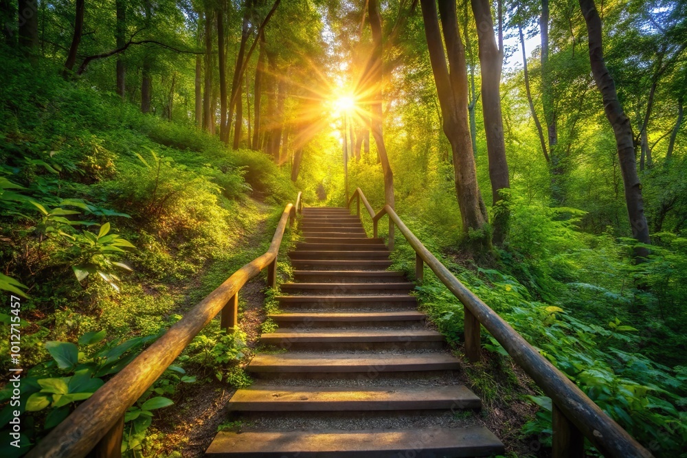 Obraz premium Forced perspective stairway leading to bright summer sun in lush forest path at sunrise