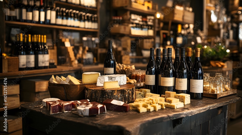 A rustic cheese and wine pairing arranged beautifully on a wooden table in a warm-toned shop A rustic cheese and wine pairing arranged beautifully on a wooden table in a warm-toned shop