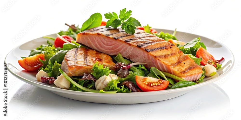 Forced perspective steak salmon salad on white plate and background Forced perspective steak salmon salad on white plate and background