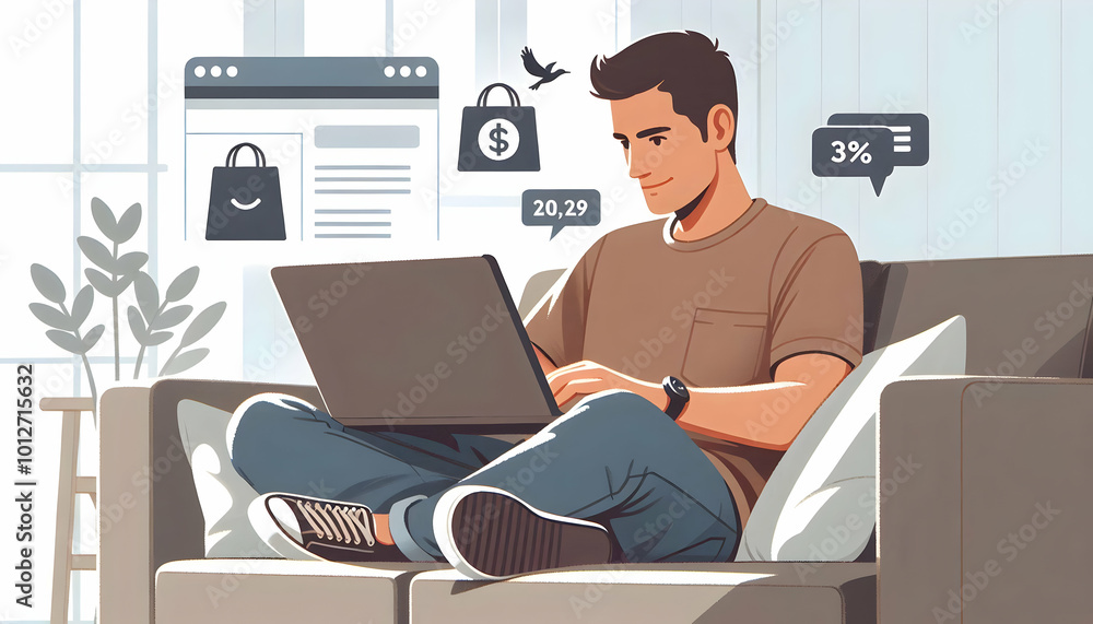 Flat Candid Shopper Browsing Online Deals at Home | Casual Scene of Relaxed Shopping During Cyber Monday on Laptop | Focused Mid Shot Illustration Flat Candid Shopper Browsing Online Deals at Home | Casual Scene of Relaxed Shopping During Cyber Monday on Laptop | Focused Mid Shot Illustration