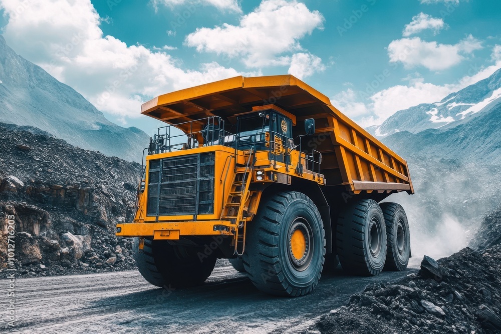 Mining truck transporting coal on mountain road Mining truck transporting coal on mountain road