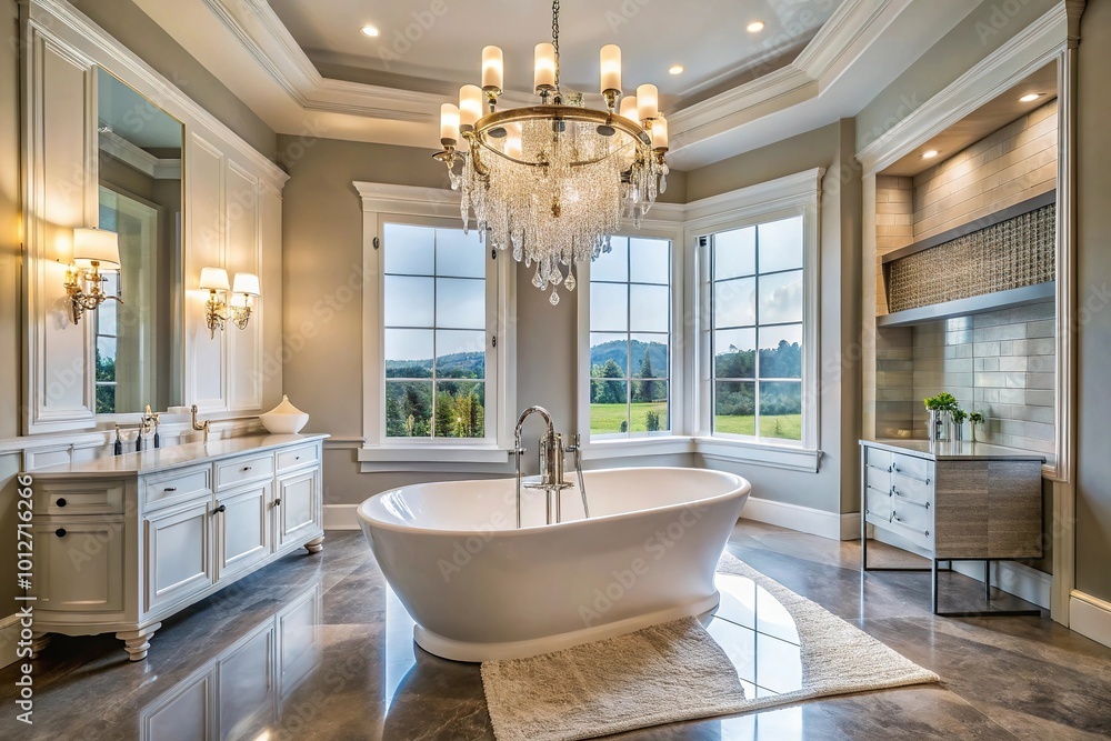 Fototapeta premium Forced perspective stylish bathroom with luxurious soaking tub and sparkling chandelier