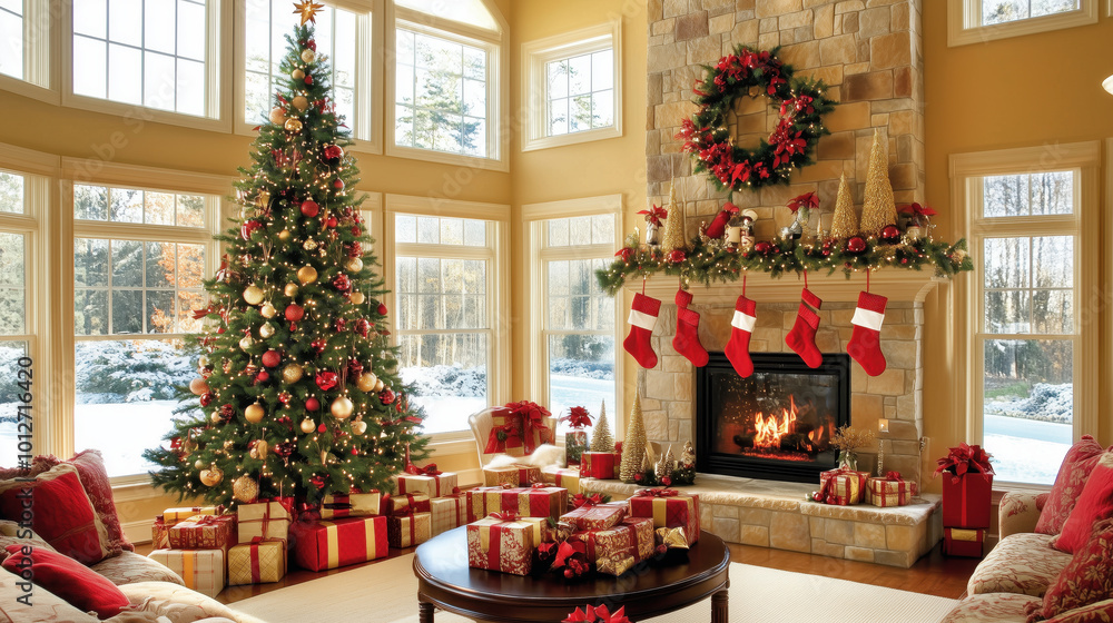 bright, airy Christmas living room with decorated tree and gifts bright, airy Christmas living room with decorated tree and gifts