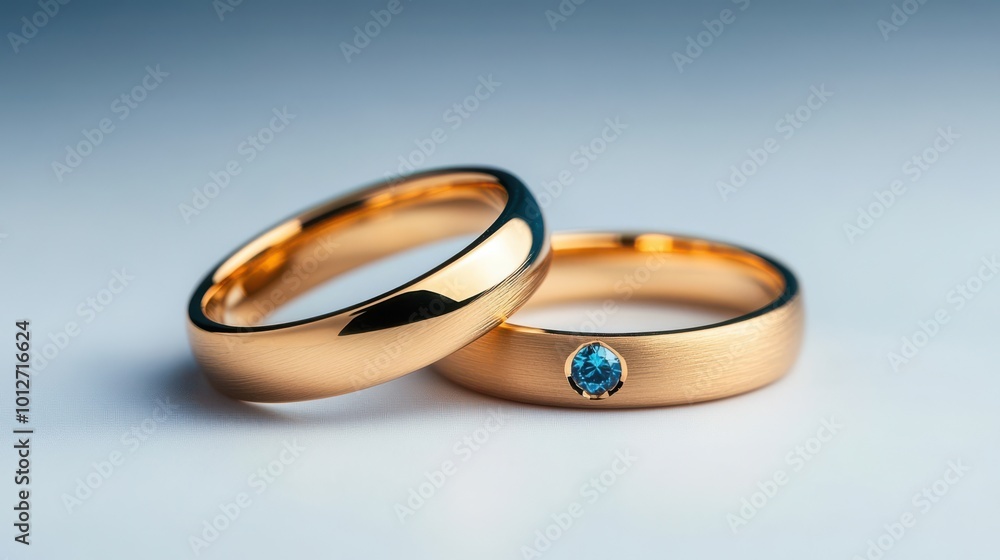 Gold Wedding Bands with Blue Gemstone on White Background Gold Wedding Bands with Blue Gemstone on White Background