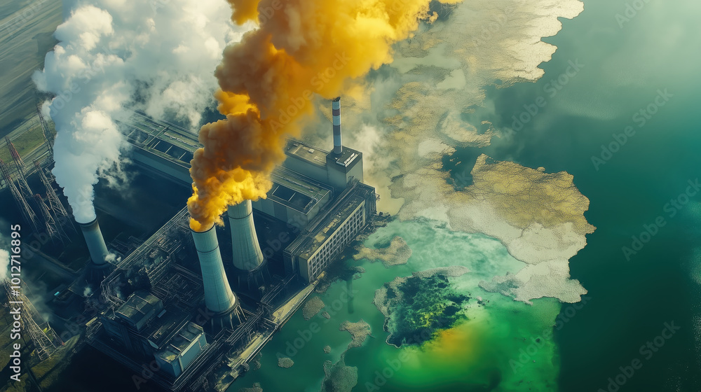 high altitude view of power plant with smoke and pollution