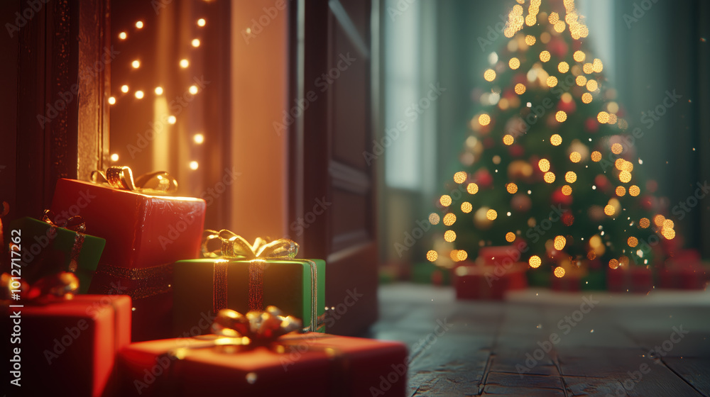soft glowing Christmas tree stands tall with colorful presents nearby, creating warm festive soft glowing Christmas tree stands tall with colorful presents nearby, creating warm festive