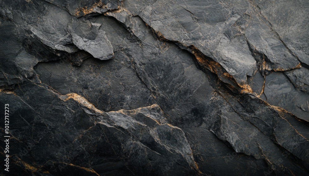 Close up of a dark, textured, rough stone surface with veins of gold. Close up of a dark, textured, rough stone surface with veins of gold.