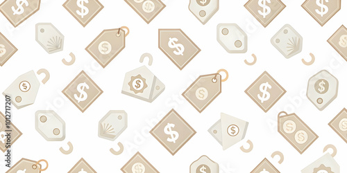 Minimalist Seamless Tile Pattern Featuring Currency Symbols and Discount Tags for Business and Financial Advertising Backgrounds