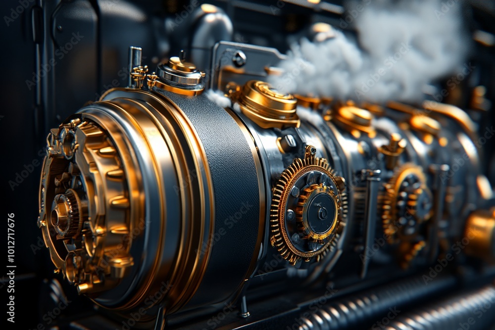 Steampunk engine modeled in 3D, with gears and pipes moving realistically, steam flowing from valves in a digital environment Steampunk engine modeled in 3D, with gears and pipes moving realistically, steam flowing from valves in a digital environment