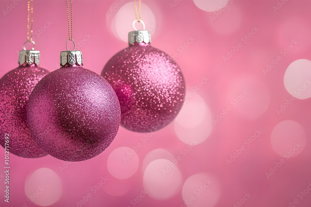 Obraz premium Three glittery pink baubles hanging against a vibrant pink background with soft bokeh, creating a bright and festive look.
