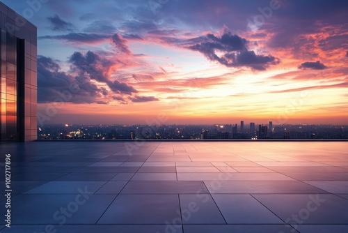 Fototapeta Naklejka Na Ścianę i Meble -  Modern building rooftop with empty floor and beautiful evening sky