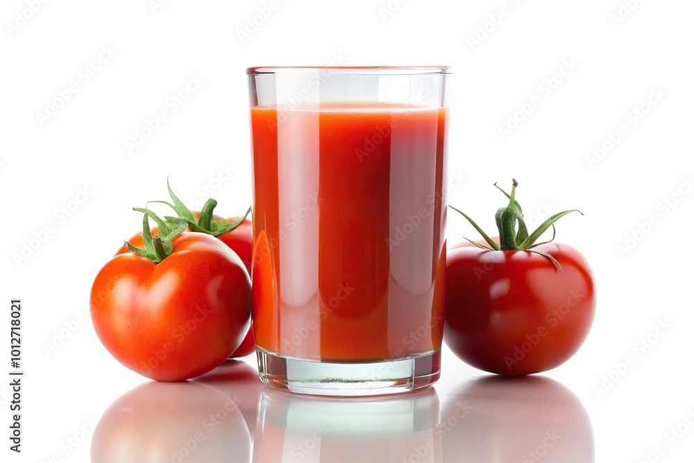 Forced perspective tomato juice in glass isolated on white background Forced perspective tomato juice in glass isolated on white background