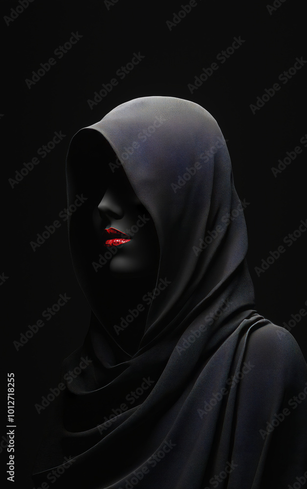Mysterious Hooded Figure with Red Lips in Darkness. Mysterious Hooded Figure with Red Lips in Darkness.